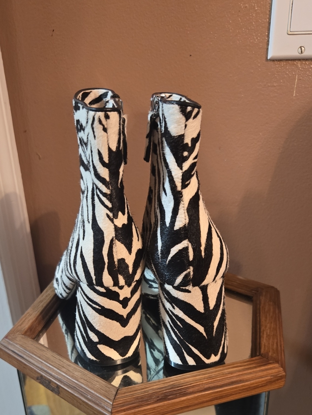 NWT Alice + Olivia Zebra-Print Calf Hair Bootie With Block Heel - Picture 2 of 4